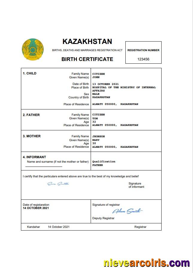 Kazakhstan vital record birth certificate